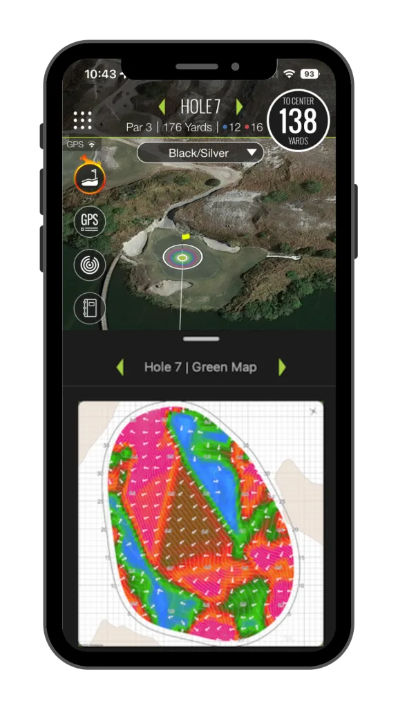 TheGrint green map on an iPhone showing severe slope on a Streamsong Black green