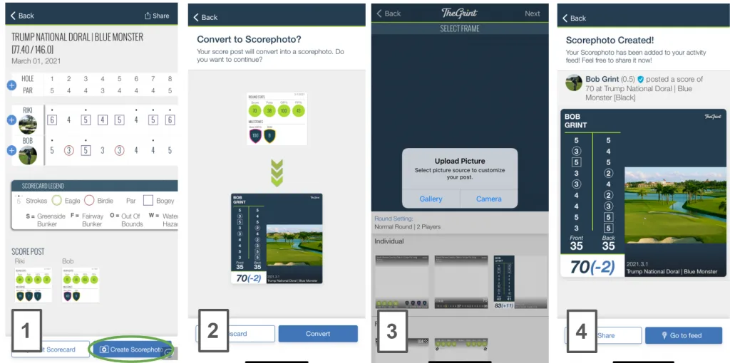 Four TheGrint screens showing how to convert an old scorecard into a scorephoto