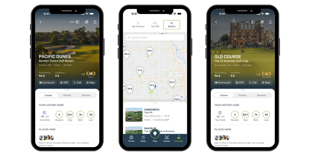 TheGrint course pages and discovery map on three iPhones