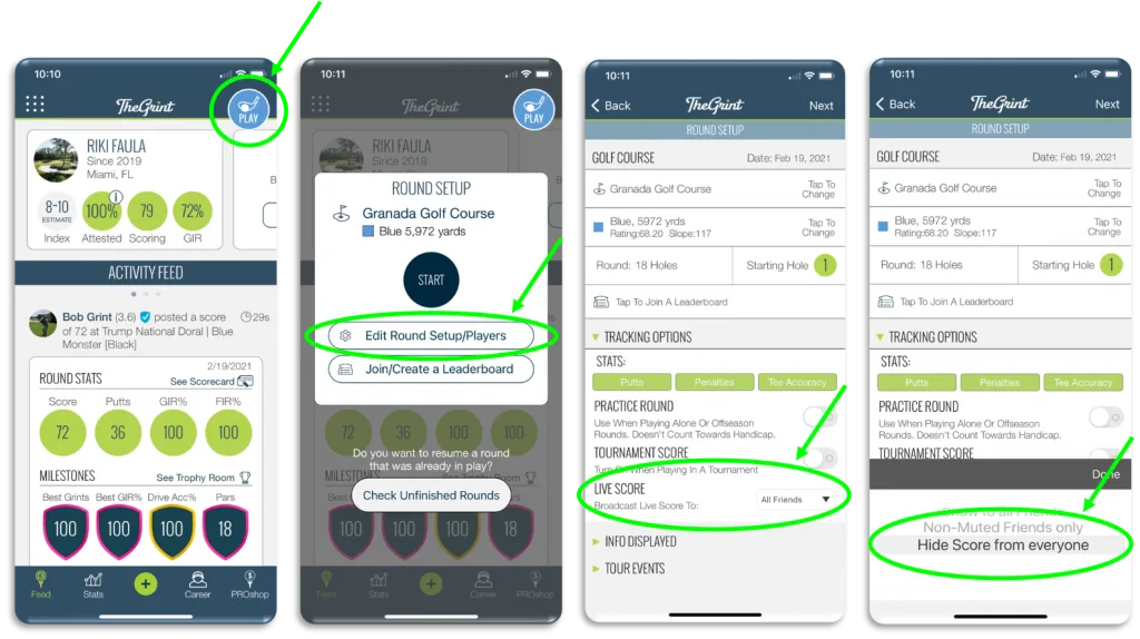 TheGrint screens showing how to turn on private upload in round setup