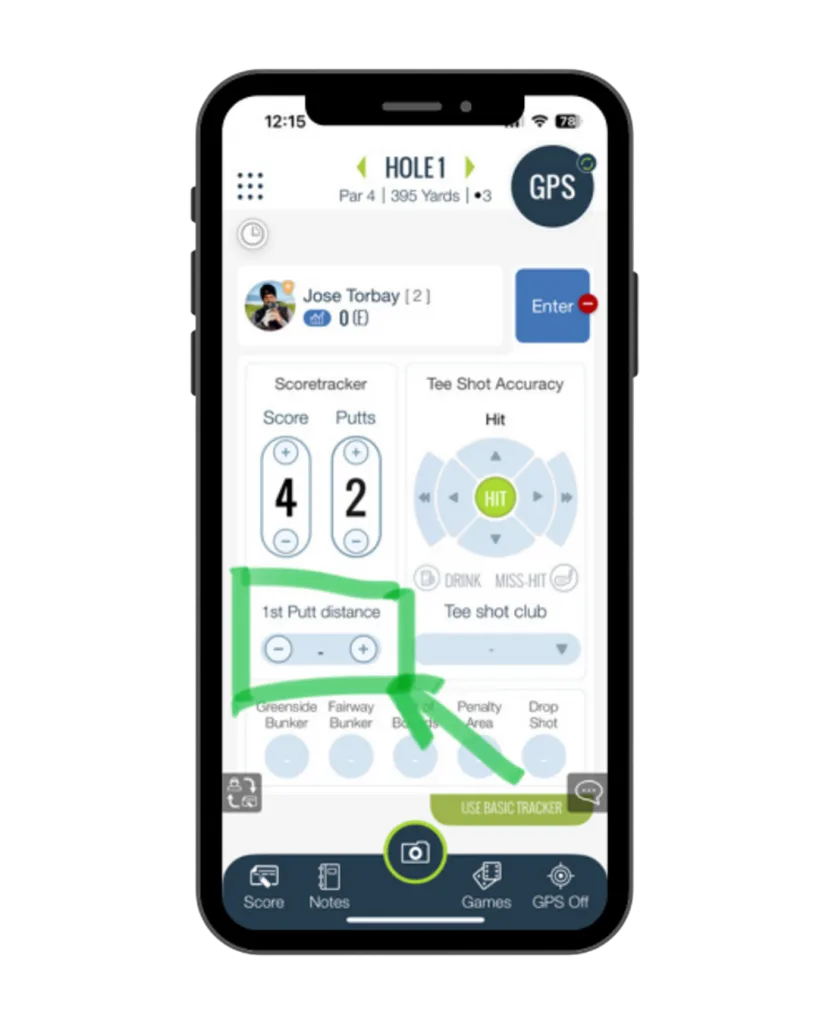 TheGrint score tracker on an iPhone with the first putt distance field highlighted