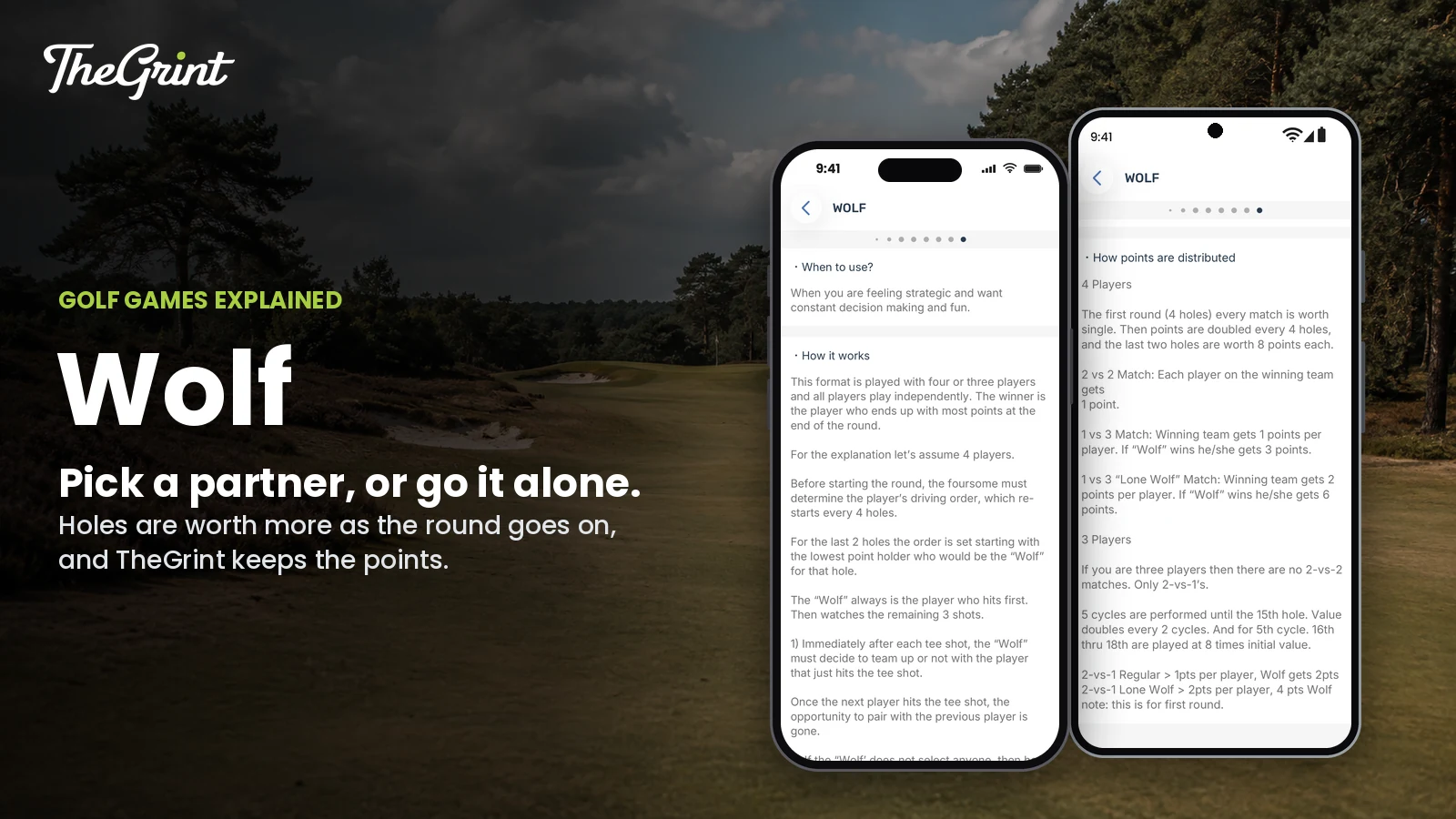 TheGrint Wolf game rules on an iPhone and the Wolf points rules on a Google Pixel, in front of a heathland course lined with pines