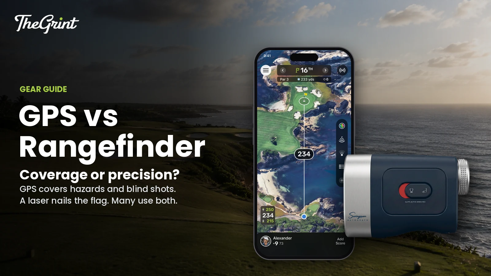 TheGrint GPS hole view on an iPhone next to a Swingman Autograph laser rangefinder, in front of a clifftop ocean course