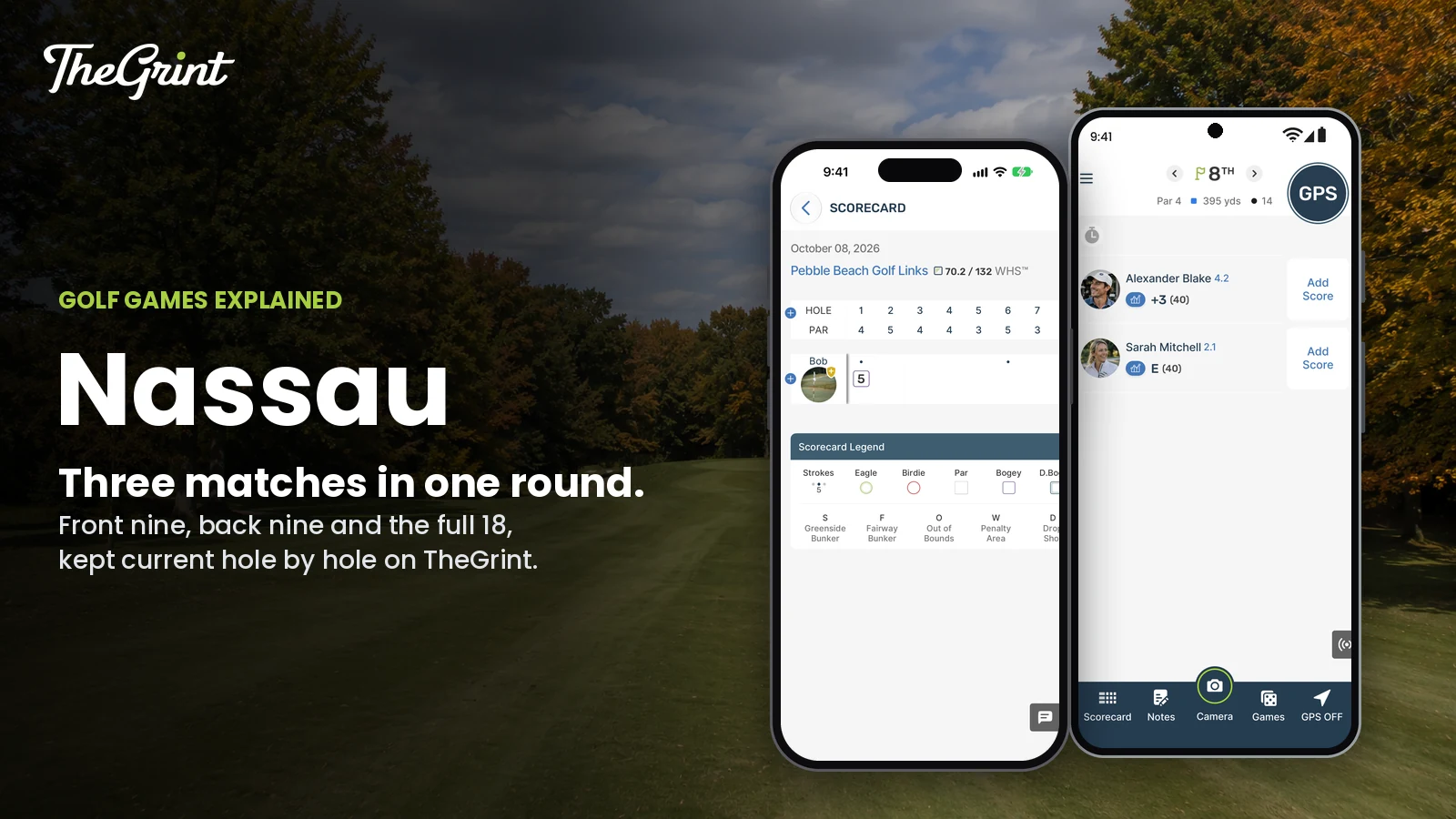 TheGrint live scorecard on an iPhone and the two-player score tracker on a Google Pixel, in front of a tree-lined parkland fairway