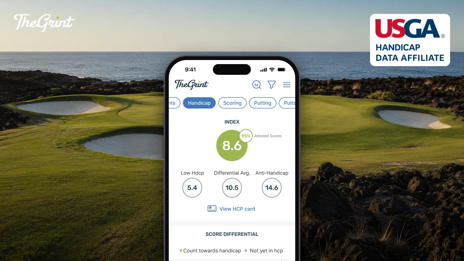 Golf handicap allowances: TheGrint handicap screen on an iPhone at a seaside course, with the USGA Handicap Data Affiliate badge