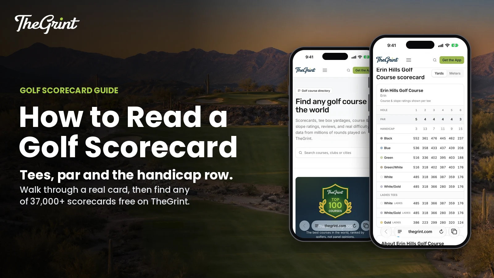 TheGrint golf course directory and the Erin Hills scorecard on thegrint.com, shown on two iPhones in front of a desert course at dusk