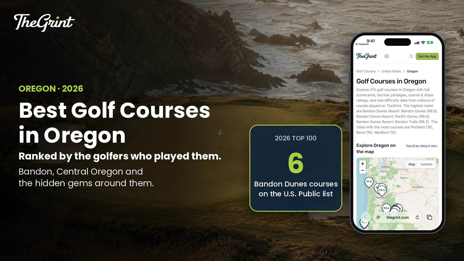 TheGrint Oregon golf course directory page on thegrint.com on an iPhone, beside a card noting six Bandon Dunes courses on the 2026 Top 100 U.S. Public list