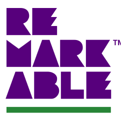 purple and green text logo reading “Remarkable.”