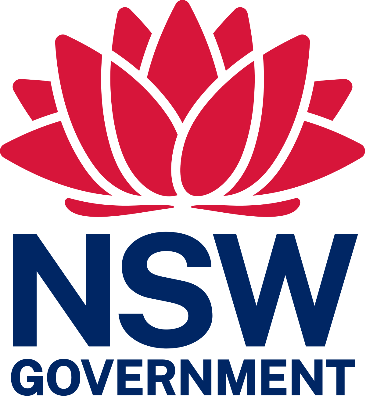 red waratah flower emblem above blue text “NSW Government.”