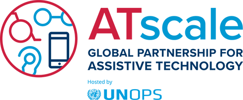 ATscale logo with overlapping red and blue circular shapes and text reading ‘ATscale – The Global Partnership for Assistive Technology, hosted by UNOPS.