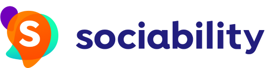 Sociability logo featuring an orange and teal speech bubble with a white letter ‘S’ inside, next to the word ‘sociability’ in dark blue lowercase letters.”