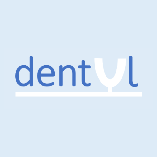 Logo featuring the word "dentyl" in blue, with a stylized letter "Y" resembling a dental tool, against a light blue background.