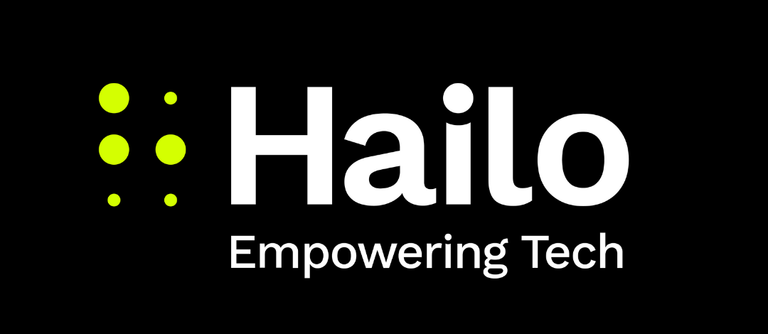 Hailo logo on a black background. On the left is a vertical arrangement of six lime green dots in a Braille-style pattern forming the letter "H". To the right, the word "Hailo" is written in bold white text, with the tagline "Empowering Tech" underneath in smaller white text.