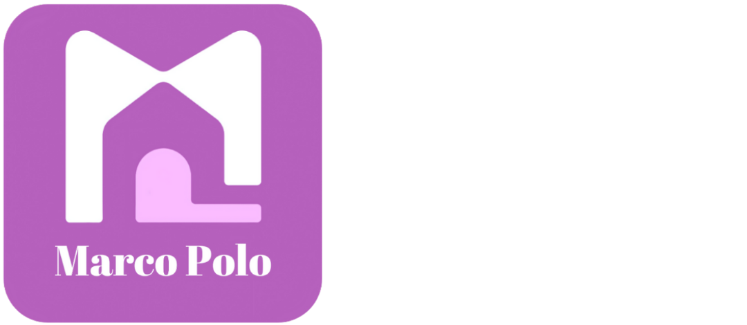 A square purple logo with rounded corners features a stylized white 'M' that incorporates the shape of a house with an arched doorway. Below the icon, the words 'Marco Polo' are written in white, using a serif font.