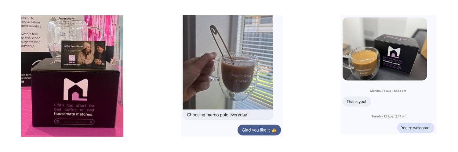 A collage of three images: a boxed Marco Polo Portal mug, a hand holding a filled mug near a window, and a mug with its box shown in a text message exchange saying “Thank you!” and “You’re welcome!”