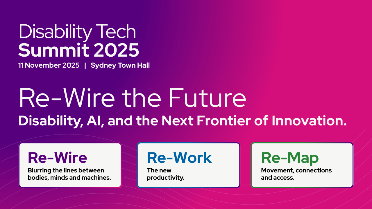 Disability Tech Summit 2025, 11 November at Sydney Town Hall. Theme: Re-Wire the Future – Disability, AI, and the Next Frontier of Innovation.