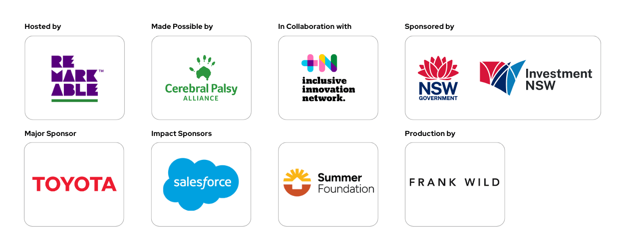 Disability Tech Summit 2025 partners and sponsors: Hosted by Remarkable, made possible by Cerebral Palsy Alliance, in collaboration with Inclusive Innovation Network, sponsored by NSW Government Investment NSW, major sponsor Toyota, impact sponsors Salesforce and Summer Foundation, production by Frank Wild.