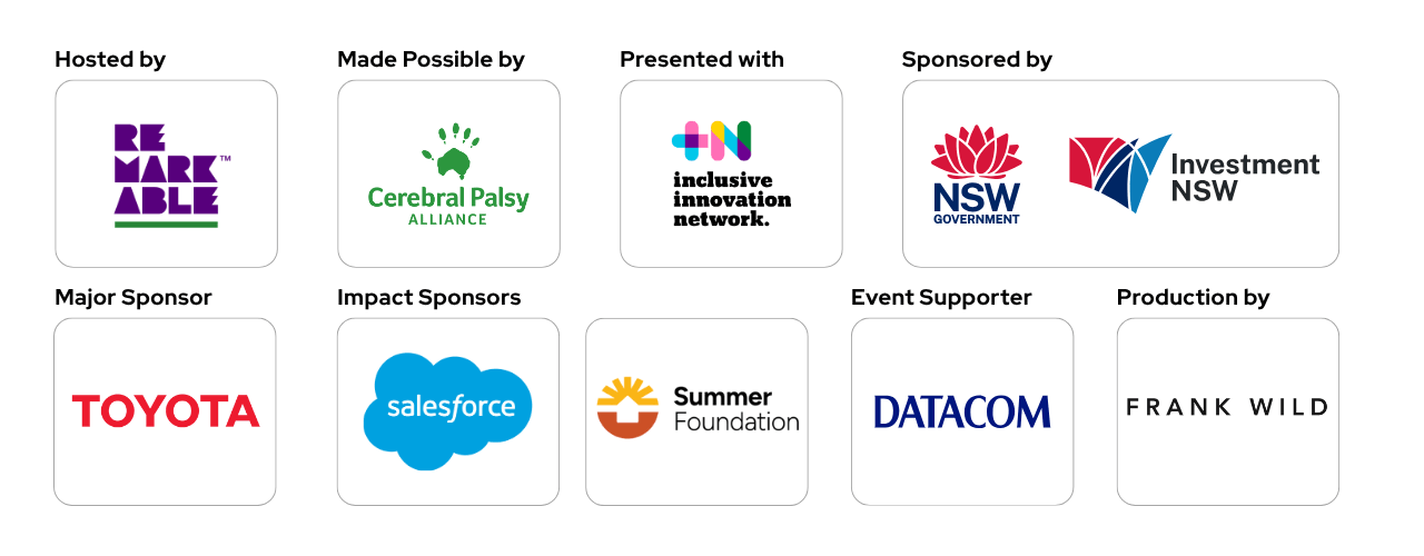 Sponsor banner displaying logos for the Disability Tech Summit 2025. Hosted by Remarkable; made possible by Cerebral Palsy Alliance; presented with Inclusive Innovation Network; sponsored by NSW Government and Investment NSW; major sponsor Toyota; impact sponsors Salesforce and Summer Foundation; event supporter Datacom; and production by Frank Wild.