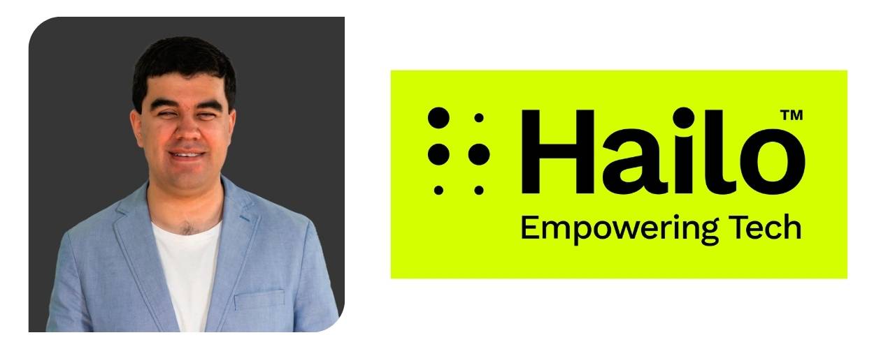 Headshot of Santiago Velasquez smiling, wearing a light blue blazer over a white shirt, against a dark grey background. Next to him is the Hailo logo in black on a bright yellow background with the tagline ‘Empowering Tech.’