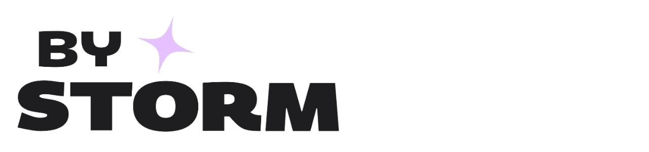 By Storm logo – Black text reading “By Storm” with a lilac sparkle shape between the words on a white background.