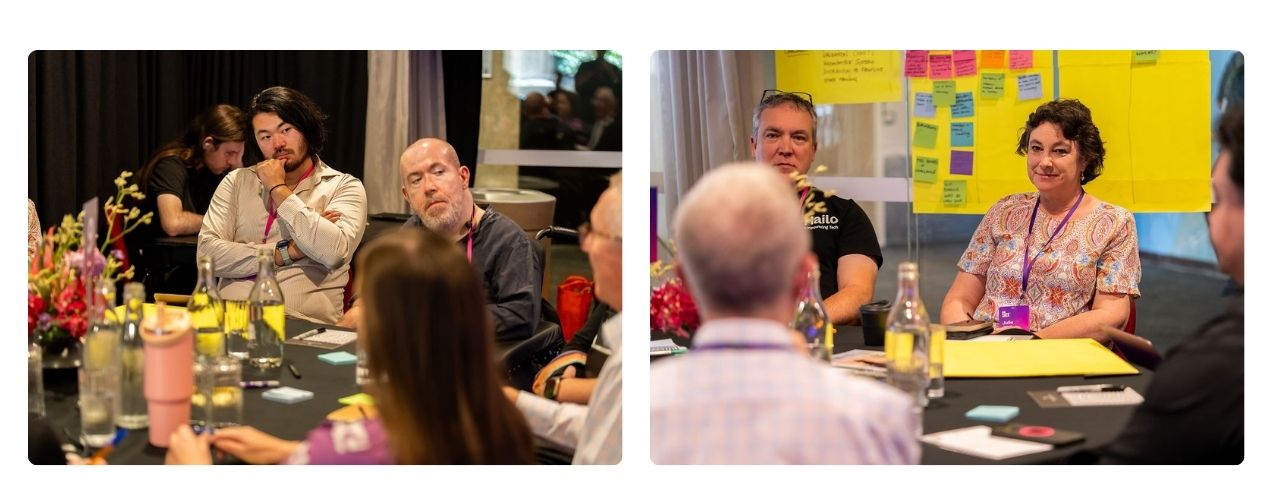 Two images side by side showing participants engaged in roundtable discussions at the Disability Tech Summit 2025.Left: Participants listen closely during a small roundtable discussion, with drinks and workshop notes on the table. Right: A group seated at a table with large sticky-note boards behind them, engaged in collaborative conversation.