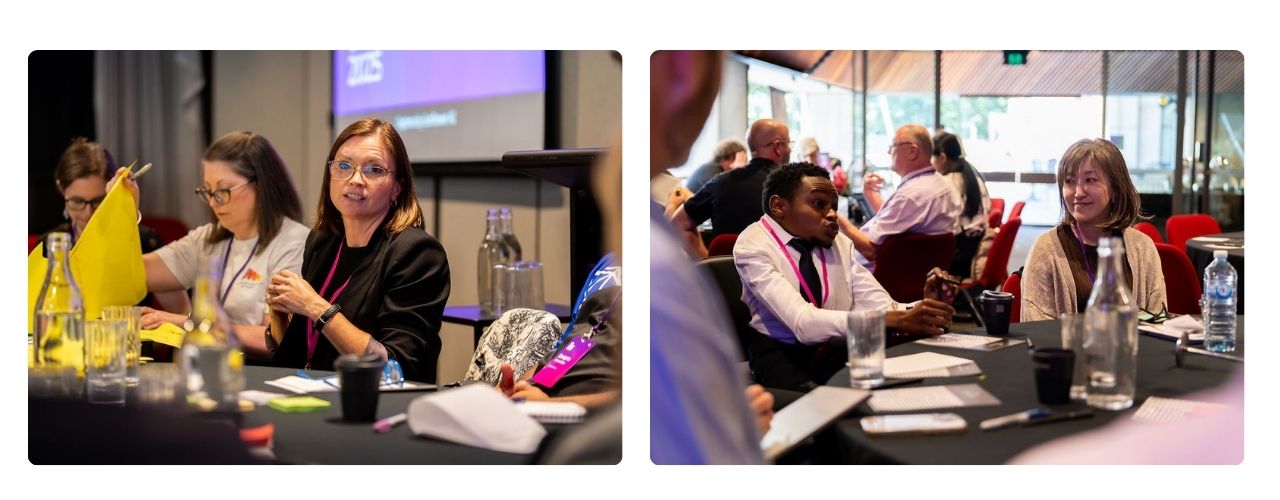 Two images side by side showing participants engaged in roundtable discussions at the Disability Tech Summit 2025.Left: Participants review materials and take notes during a workshop session. Right: Two attendees discuss ideas at a round table, smiling and gesturing as they interact.