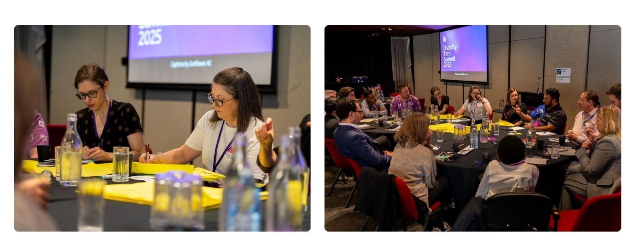 Two images side by side showing participants engaged in roundtable discussions at the Disability Tech Summit 2025.Left: Two participants focus on writing and reviewing materials on bright yellow sheets during the workshop. Right: A larger group at round tables engages in discussion, with a Disability Tech Summit 2025 slide projected at the front of the room.