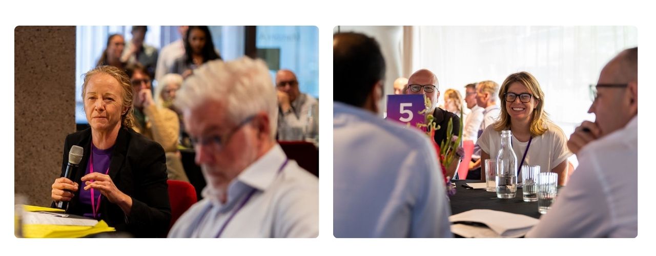 Two images side by side showing participants engaged in roundtable discussions at the Disability Tech Summit 2025. Left: A participant speaks into a microphone during a table discussion, with others listening around the room. Right: Attendees seated at Table 5 share ideas, with one person smiling as the group engages in conversation.