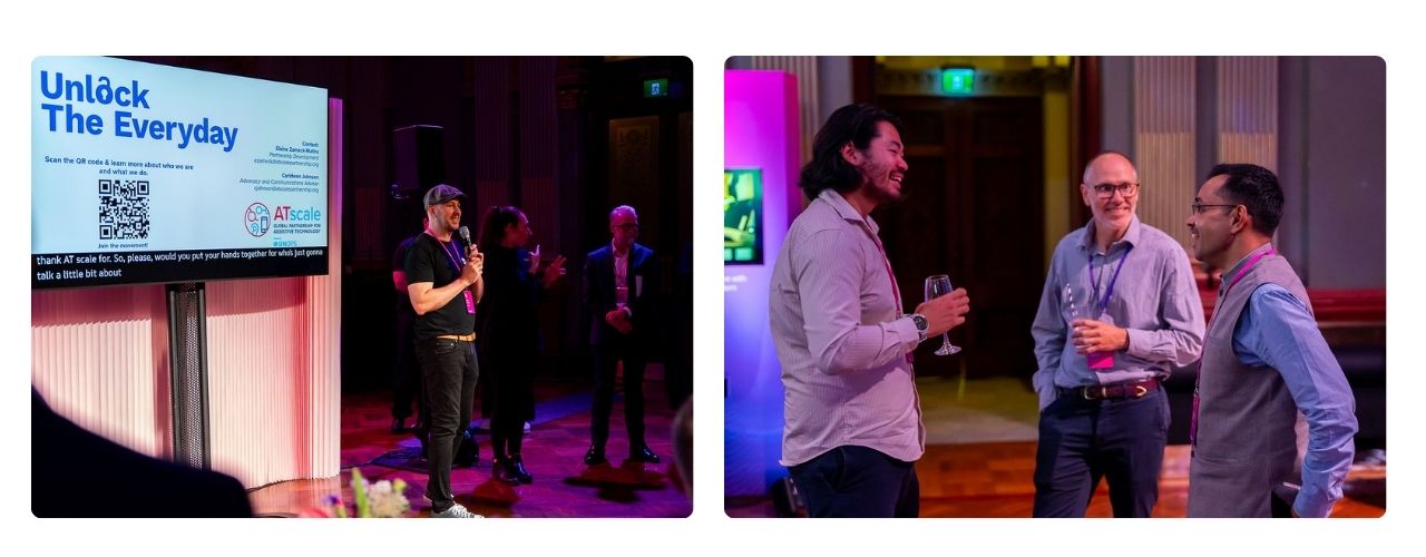 Two images side by side from an evening Summit event. Left: A presenter speaks on stage into a microphone beside a large screen reading “Unlock The Everyday,” with others standing behind him. Right: Three attendees laugh and chat while holding drinks during a networking reception.