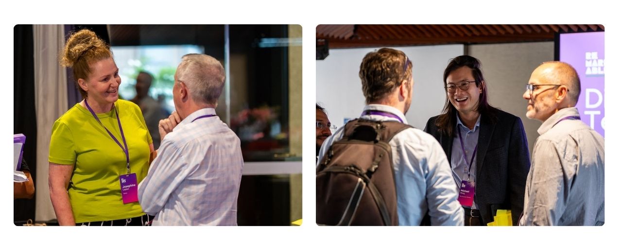 Two images side by side of participants networking. Left: A woman wearing a green top smiles while speaking with a man during an indoor networking session. Right: Three attendees stand together in conversation, one with a backpack, another smiling broadly, with the Disability Tech Summit signage behind them.
