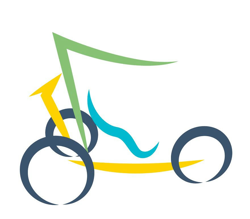 A stylized illustration of a three-wheeled bicycle, featuring abstract geometric shapes in green, yellow, blue, and dark gray colors. The design emphasizes the wheels and handlebars, creating a dynamic and modern look.
