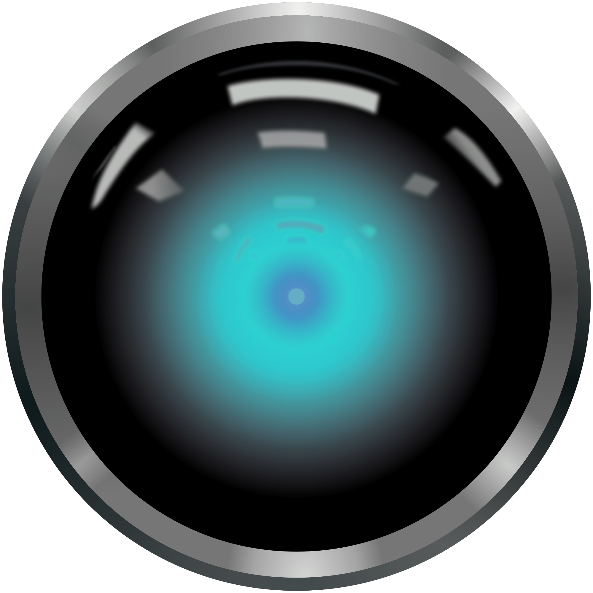 A circular design resembling a glossy black camera lens with a blue and turquoise glow in the center, framed by a metallic silver border.