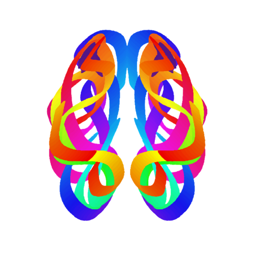 An abstract design featuring intertwined colorful ribbons in shades of blue, green, yellow, pink, and orange, forming a symmetrical shape resembling a brain or a decorative sculpture on a white background.