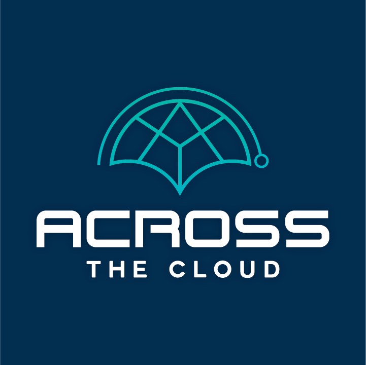 Logo featuring the text "ACROSS THE CLOUD" in bold white letters on a dark blue background, accompanied by a teal stylized graphic resembling a network or arch above the text.