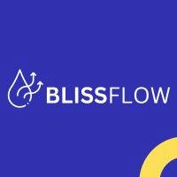 Logo of BlissFlow featuring a water droplet and arrows, on a blue background with a yellow curve.