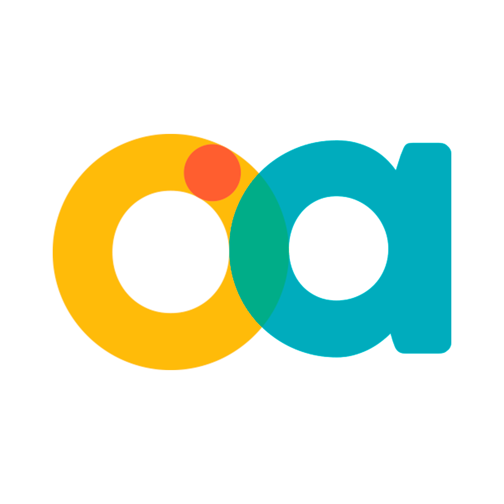 A stylized logo featuring two overlapping circular shapes; one is yellow with a small orange dot, and the other is teal with a white inner circle, accompanied by the letters "oa" in teal.