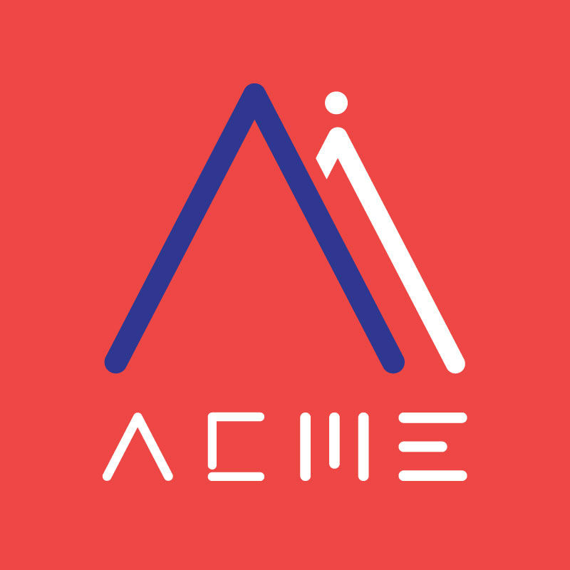 A logo featuring a stylized letter "A" with a blue triangle and a white linear design, accompanied by the word "ACME" in a modern font, set against a bright red background.