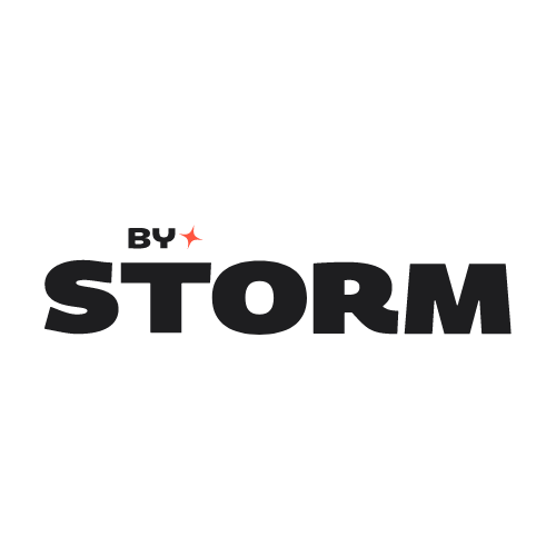 Logo featuring the word "STORM" in bold black letters, with "BY" in smaller font above and a red star accent next to it.
