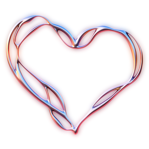 A shiny, metallic heart shape with swirling, elongated edges and a gradient color effect, set against a white background.