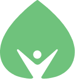 A simple green logo depicting a leaf shape with a stylized figure in a yoga pose at its center.