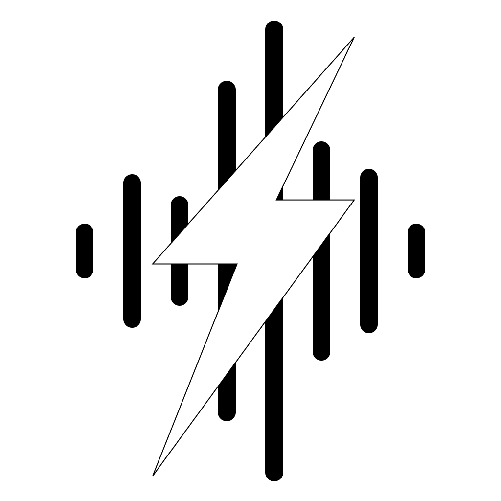 A stylized lightning bolt is centered in the image, surrounded by vertical black lines of varying heights, creating a dynamic and energetic feel.