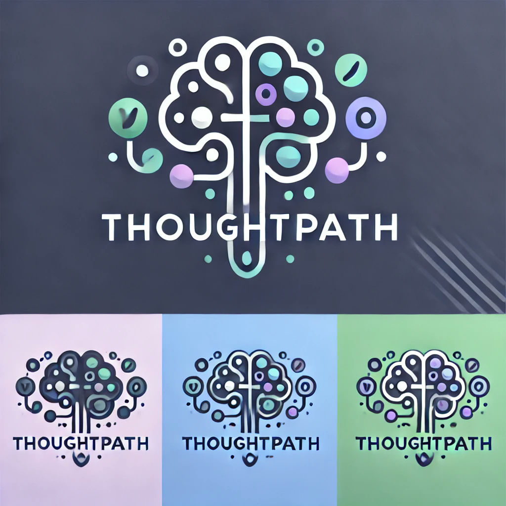 A colorful logo for "THOUGHTPATH" featuring a stylized brain design with abstract shapes in shades of green, purple, and blue, set against a dark background with three variations on lighter backgrounds below.