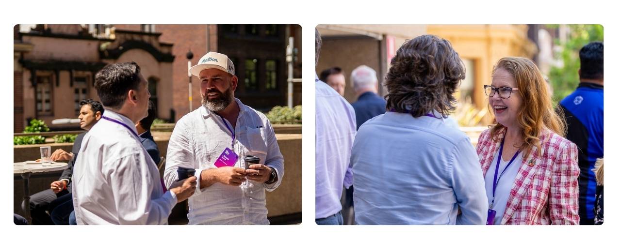 Two images side by side showing attendees networking at the Disability Tech Summit 2025. Left: Two men stand in conversation, one wearing a white shirt and the other in a white cap and holding a coffee cup, with people seated in the background. Right: A woman in a red-and-white check blazer smiles while chatting with another attendee, with others mingling behind them in a sunny courtyard setting.