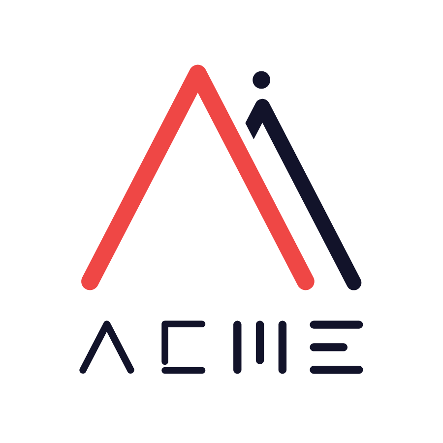 Logo featuring a stylized mountain shape in red and dark blue, with the text "ACME" in a modern font below it.
