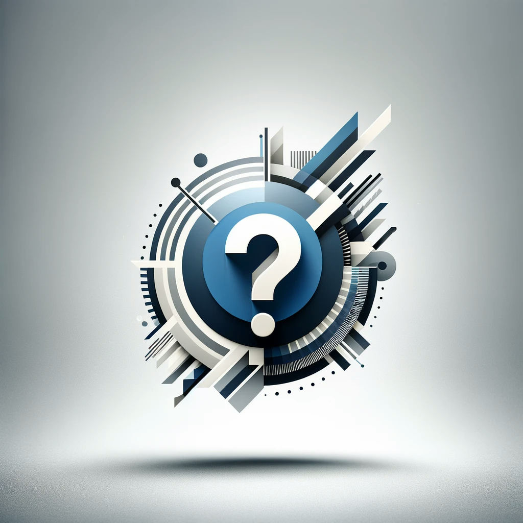 A stylized graphic featuring a large blue question mark at the center, surrounded by abstract geometric shapes and lines in a modern design. The background is a soft gray, enhancing the visual elements of the composition.