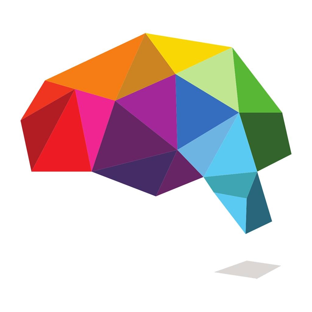 A colorful geometric representation of a brain composed of various triangular shapes in shades of red, orange, pink, purple, blue, green, and yellow, with a small triangular shadow underneath.