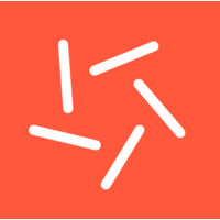 An abstract white icon of irregular lines on a bright orange background.