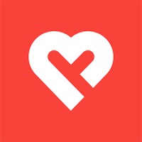 A white heart icon with a stylized "M" in the center, set against a red background.