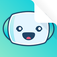 A cartoonish robot face with a smiling expression, featuring big round eyes and ear-like shapes on the sides, set against a light blue background.