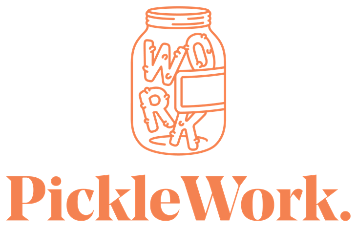 PickleWork - orange jar filled with letters spelling work.